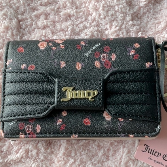 JUICY COUTURE BLACK WITH PINK FLOWERS WALLET - WRISTLET-CROSSBODY - Picture 4 of 10